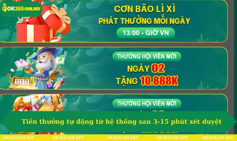 Khuyến Mãi OK365 250 Tiền thưởng tự động từ hệ thống sau 3-15 phút xét duyệt